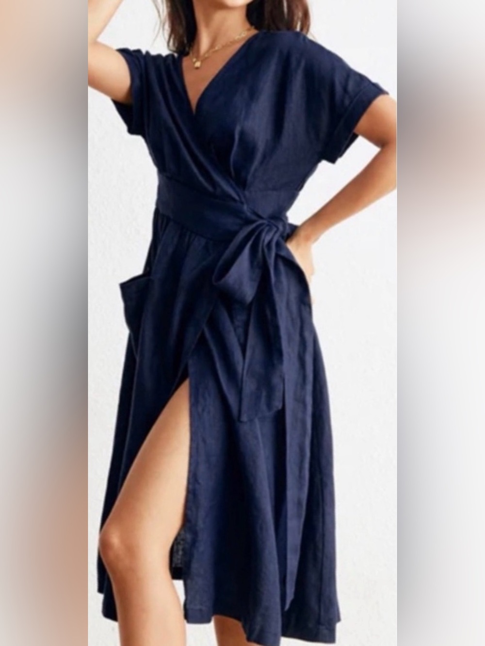 Grae Cove Navy Linen Wrap-Style Pocket Midi Dress - Picture 2 of 10